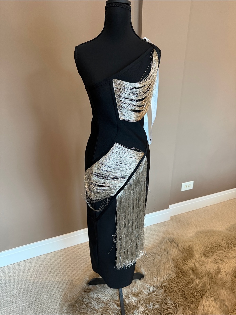 One-Shoulder Black Dress with Metallic Silver Fringe